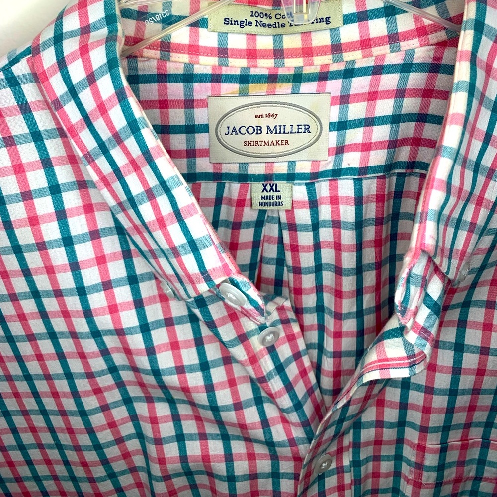 Jacob Miller Button Down Oxford Shirt 2XL Pink Green Hatch Pattern